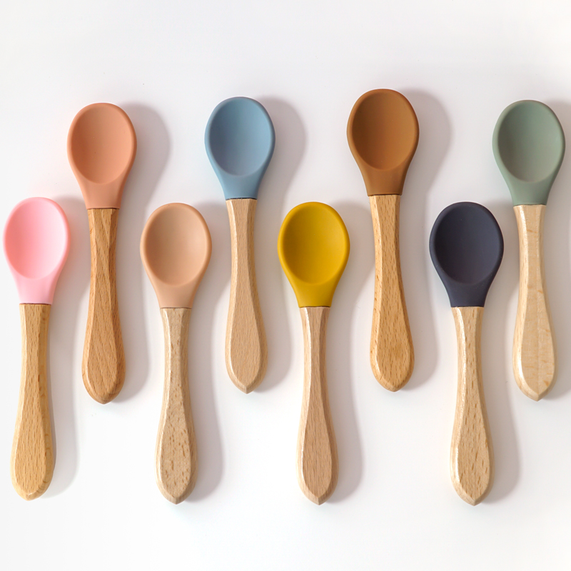 Baby Food Eat - Feeding Wooden Handle Silicone Spoon For